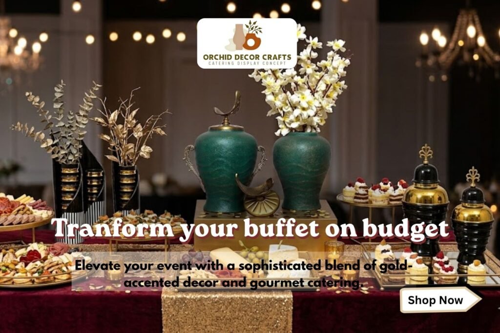 A luxurious catering buffet table featuring gold and black striped vases, antique green jars, and gourmet appetizers on a deep burgundy velvet cloth with gold accents.