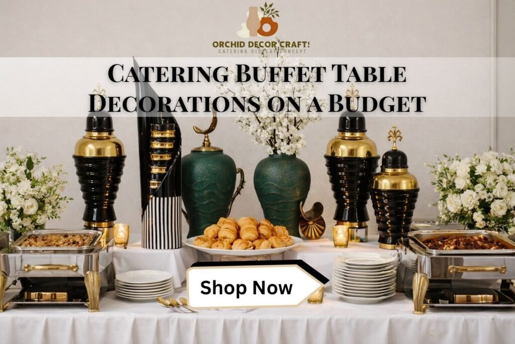 A clean and modern white catering table decorated with black and gold ginger jars, striped vases, and white floral arrangements.