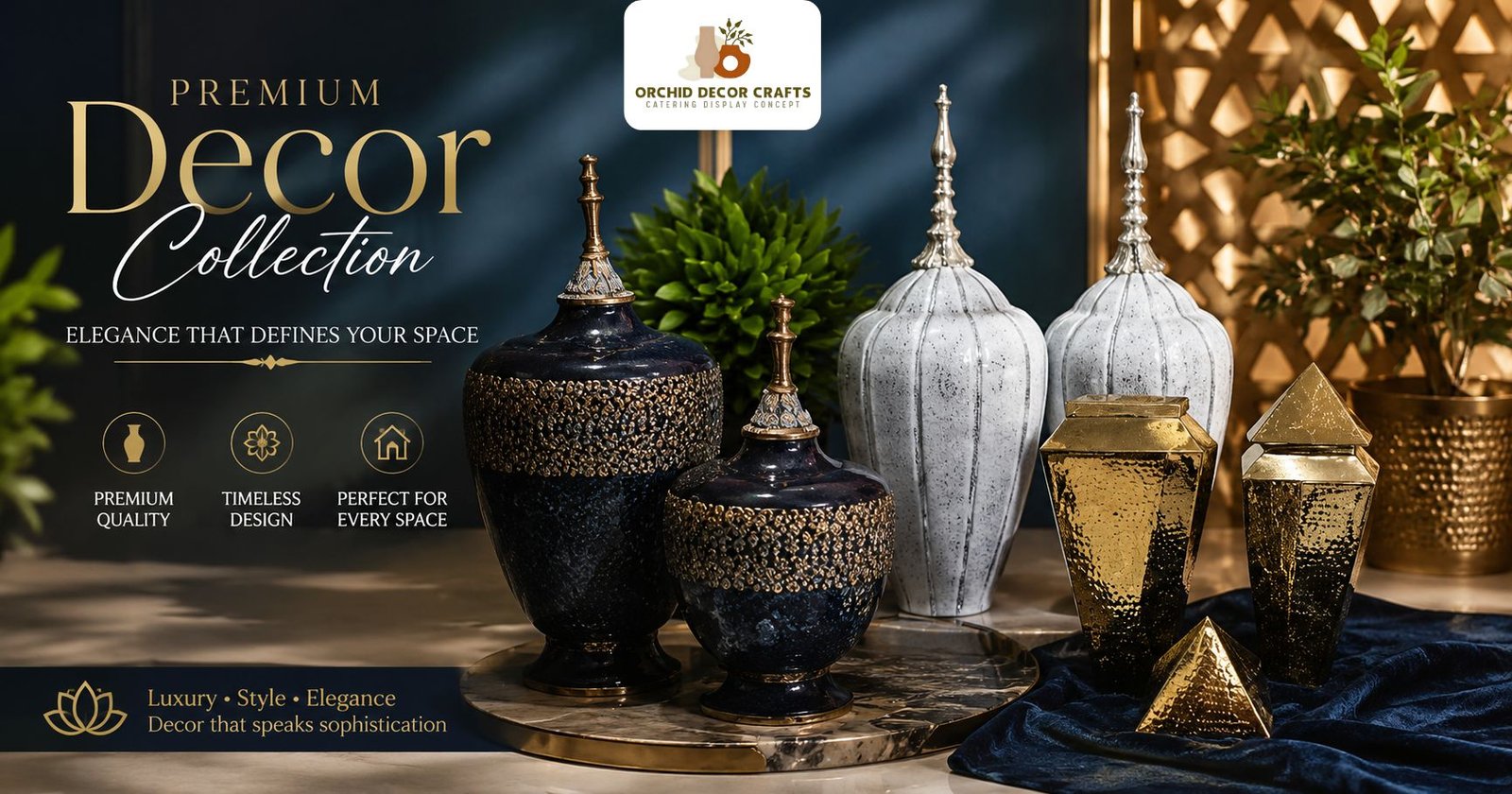 Premium Buffet Display in Ahmedabad with luxury decorative jars and modern event décor setup