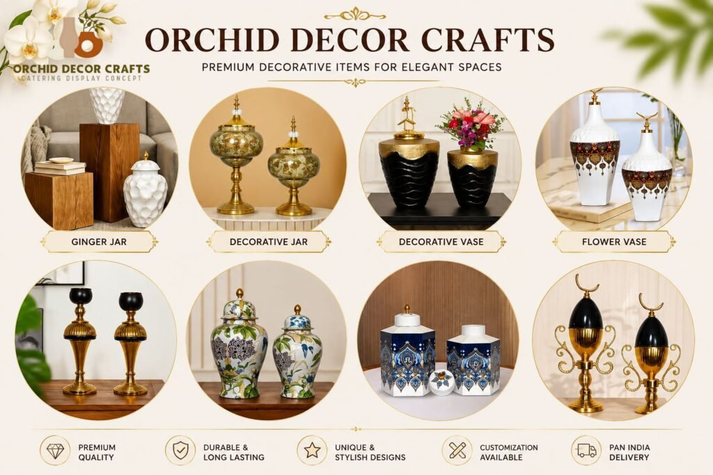 Elegant Decorative Jars collection in Gujarat featuring luxury pink, purple, and green designer jars for premium home and event decor.