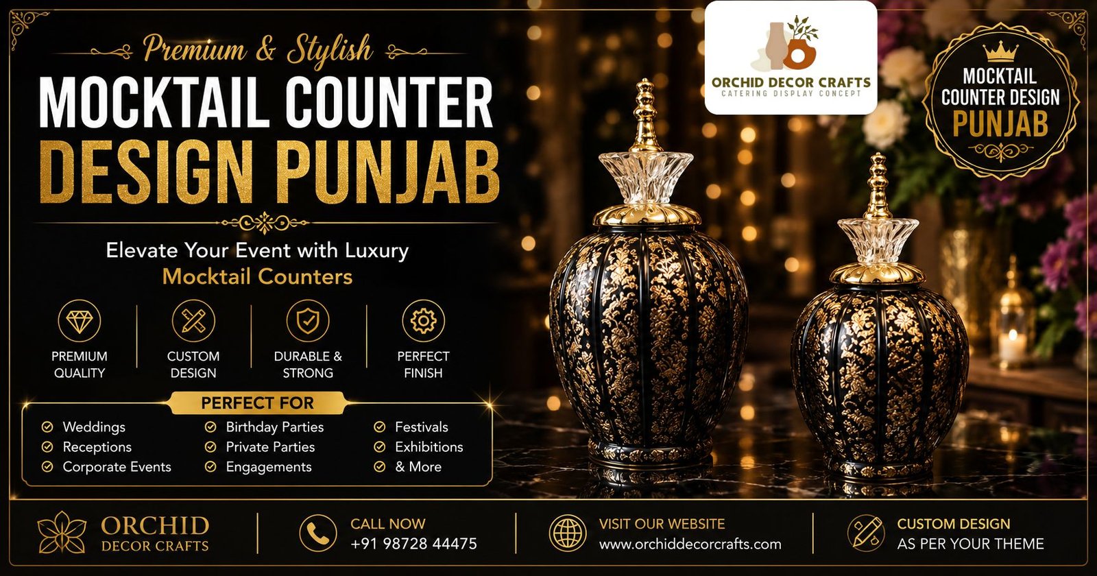 Luxury mocktail counter design Punjab with decorative golden beverage dispensers for wedding and event decoration