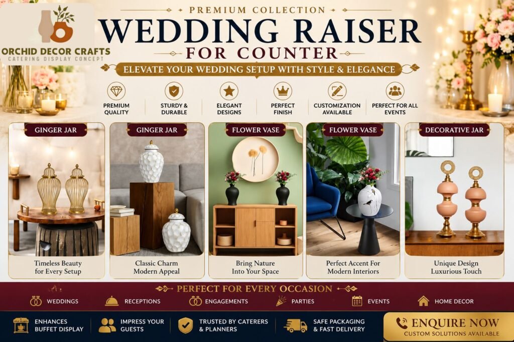 Premium Wedding Raiser for Counter display with decorative jars, flower vases, and elegant home décor items by Orchid Decor Crafts
