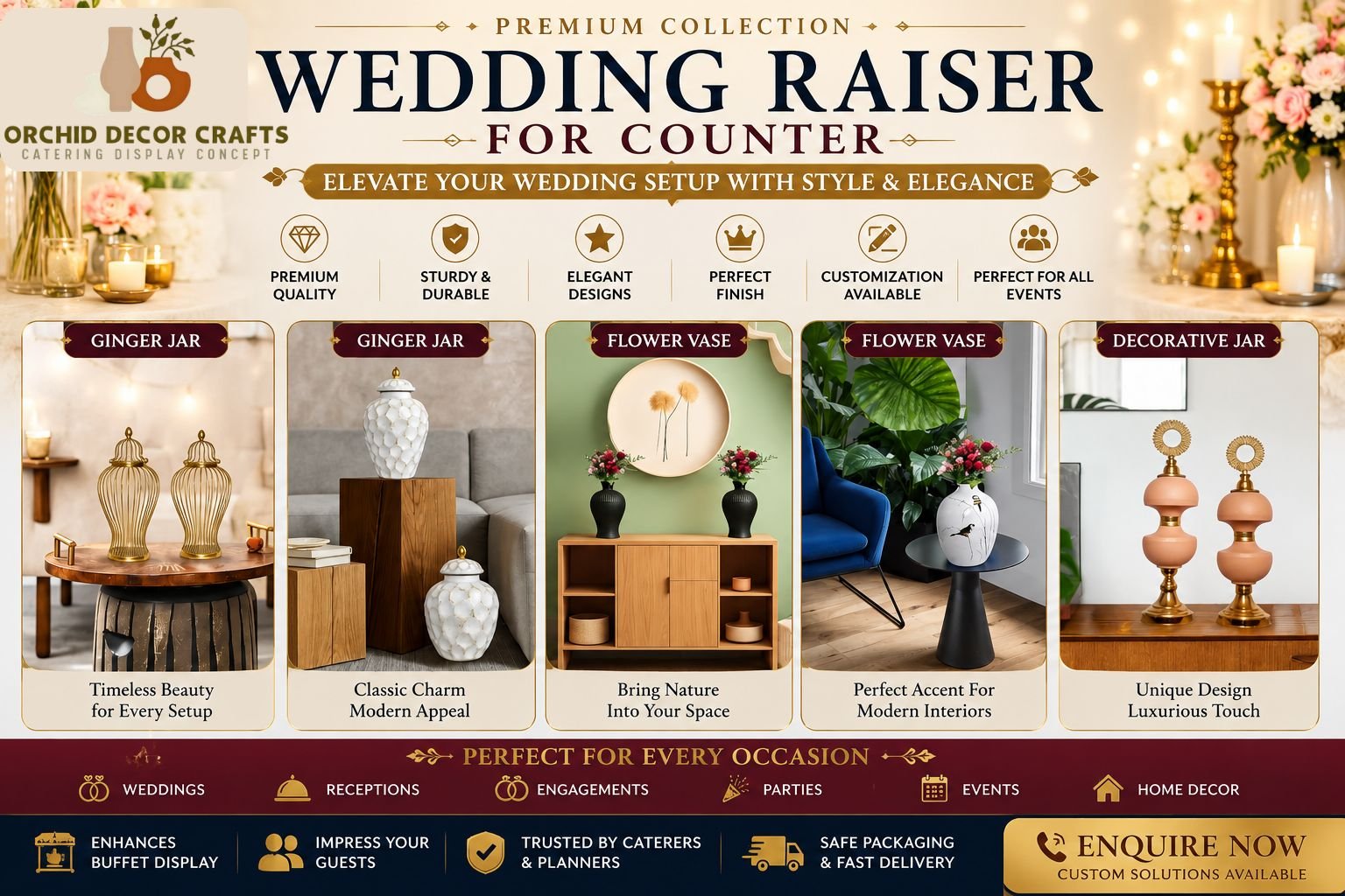 Premium Wedding Raiser for Counter display with decorative jars, flower vases, and elegant home décor items by Orchid Decor Crafts