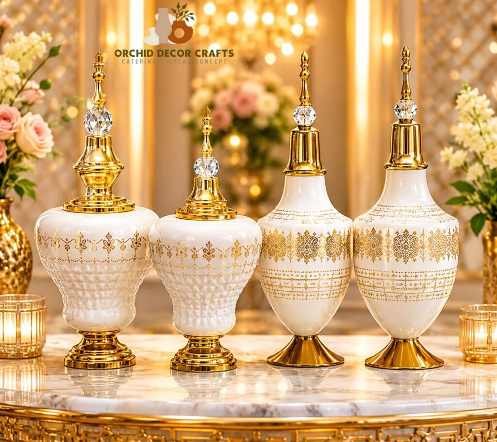 Catering buffet table decorations in Ahmedabad with luxury black and gold decorative jars and elegant wedding buffet setup