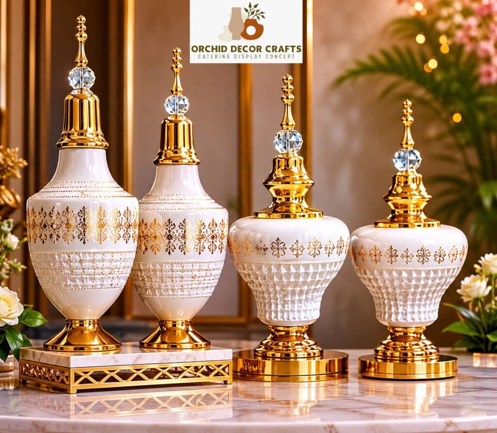 Luxury black and gold decorative jars and finials displayed on an elegant marble table with premium interior décor setup