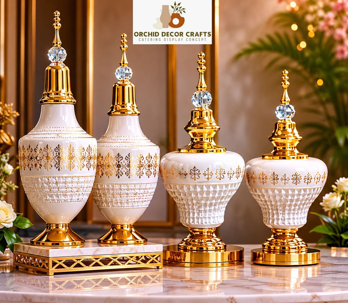 Luxury black and gold decorative jars and finials displayed on an elegant marble table with premium interior décor setup