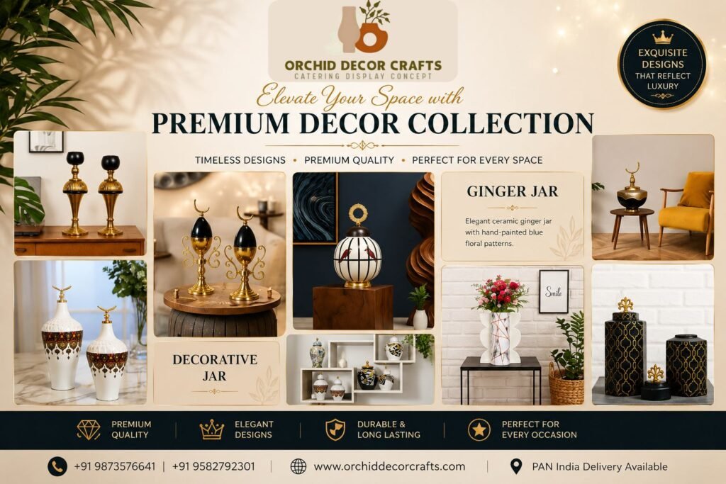 Upgrade your buffet presentation with premium Catering Display Item Ahmedabad solutions. Explore luxury Catering Buffet Decor, Buffet Table Decorations, and Catering Decoration Items from Orchid Decor Crafts. Contact +91 9873576641 for inquiries and bulk orders.