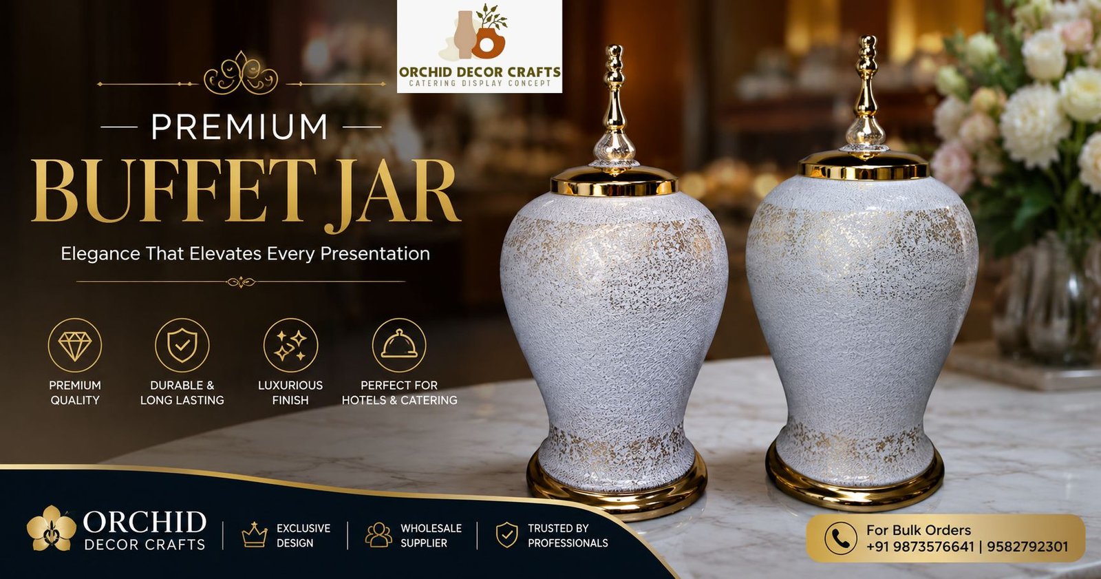 Premium white decorative buffet jars with artistic hand-handle design and metallic accents, ideal for hotel buffet displays, catering setups, wedding decorations, and luxury event styling.