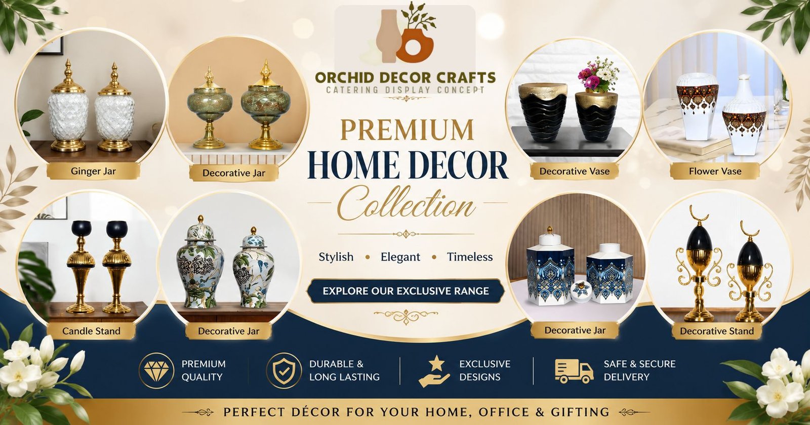 Premium Home Decor Collection featuring decorative jars, flower vases, luxury candle stands, ginger jars, and handcrafted decorative accessories for elegant home interiors.