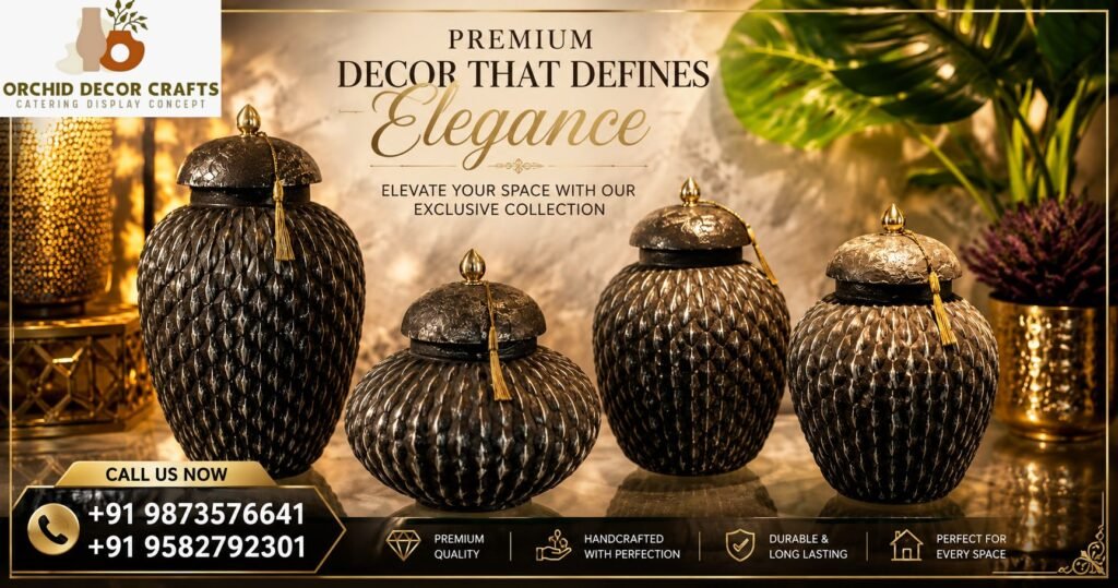 Premium decorative ceramic vases with elegant ribbed texture and gold handles displayed in coral, black, brown, and white colors for luxury home and event décor.