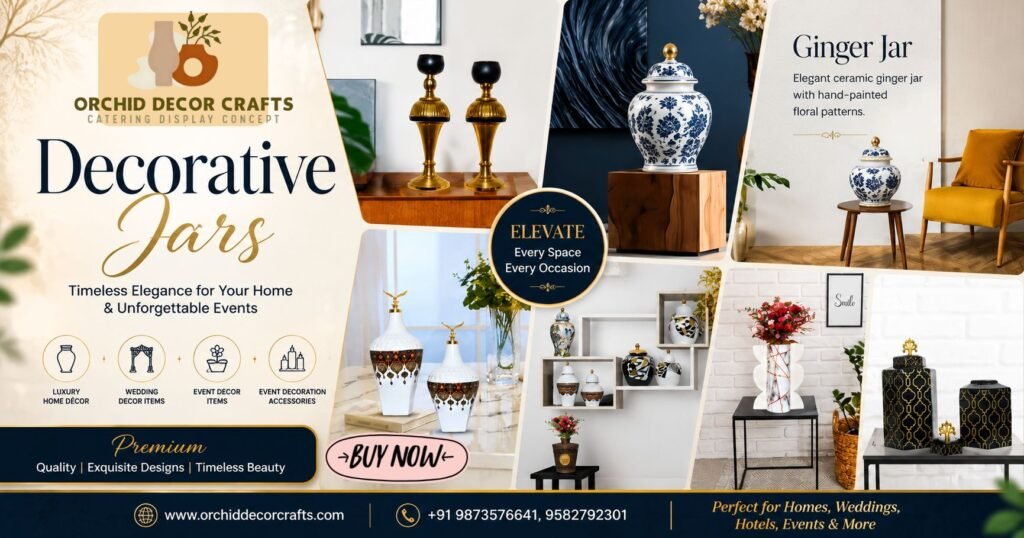 Premium Decorative Jars collection featuring elegant handcrafted ceramic and metal jars with luxurious gold detailing, ideal for luxury home décor, wedding décor items, and event decoration accessories.