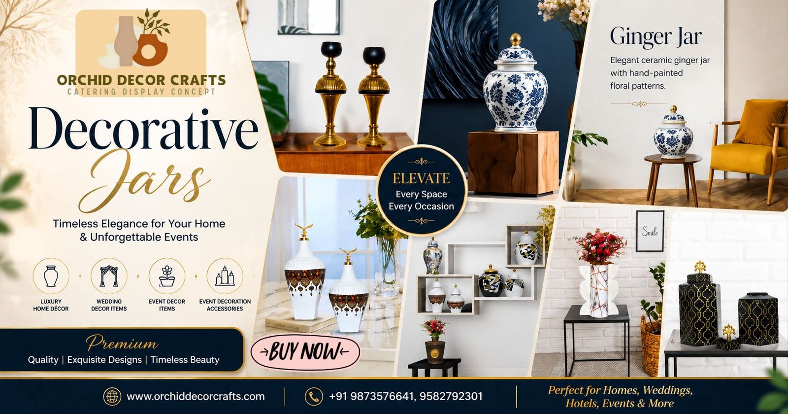 Premium Decorative Jars collection featuring elegant handcrafted ceramic and metal jars with luxurious gold detailing, ideal for luxury home décor, wedding décor items, and event decoration accessories.