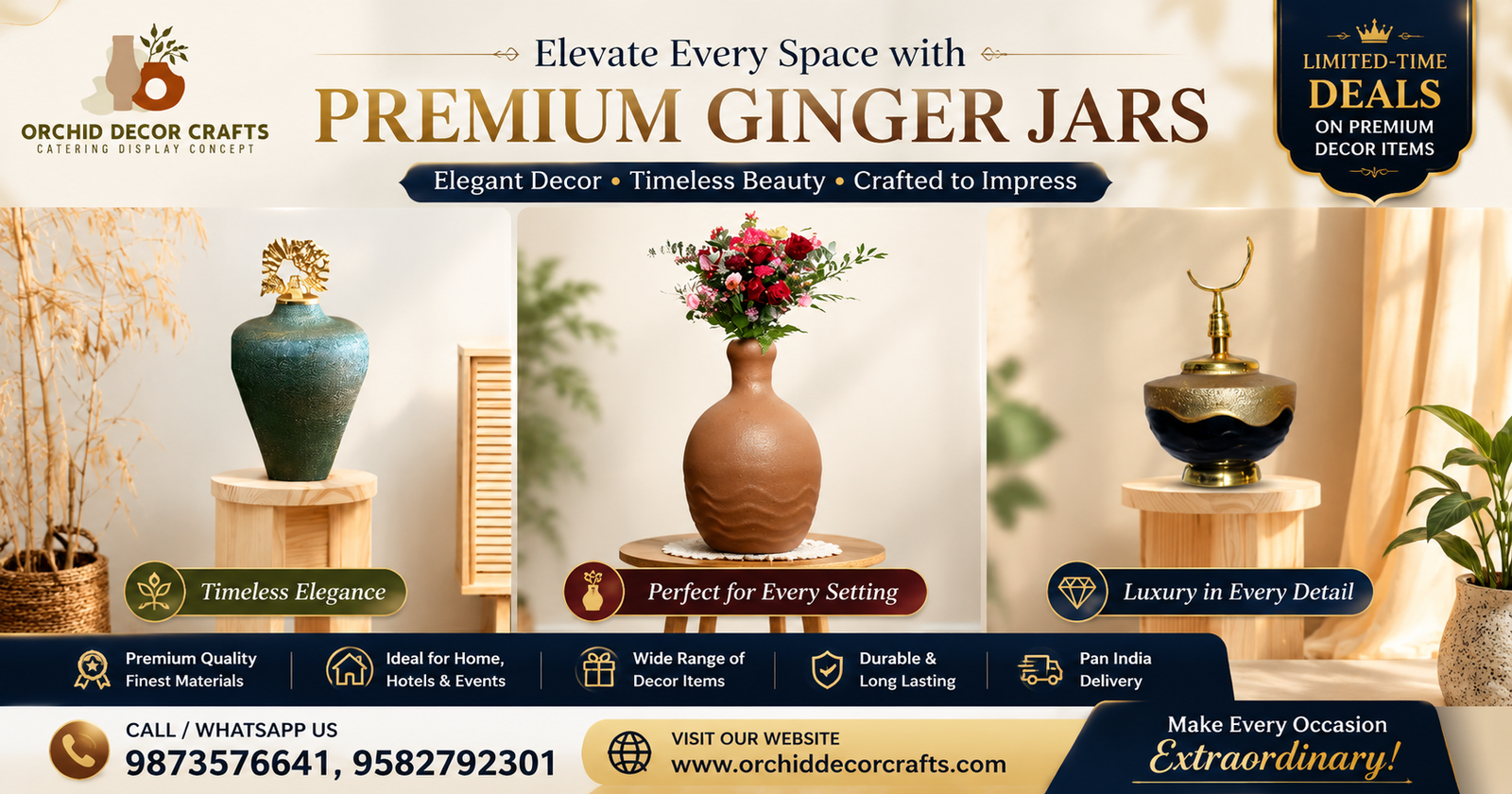 Premium decor collection featuring decorative ginger jars, T-light holders, decorative vases with lids, and luxury decorative items displayed in an elegant home décor setting by Orchid Decor Crafts.