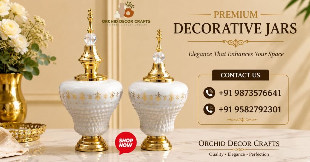 Restaurant Menu Stand in Noida promotional banner featuring premium decorative jars with elegant gold detailing, luxury display setup, Orchid Decor Crafts branding, and contact numbers for enquiries.