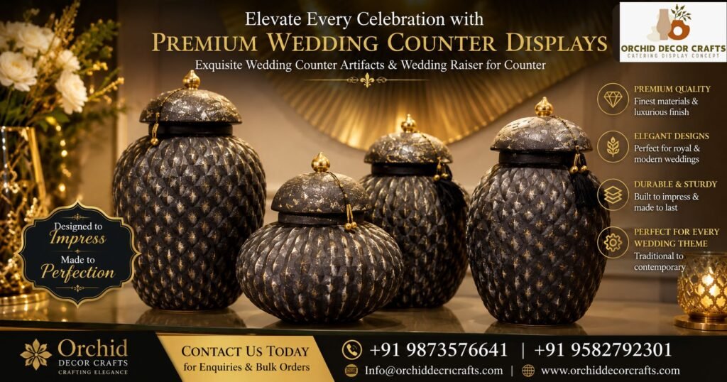 Premium decorative artifacts featuring elegant pink and lavender designer jars with intricate gold tree-shaped lids, displayed in a luxurious interior setting by Orchid Decor Crafts.