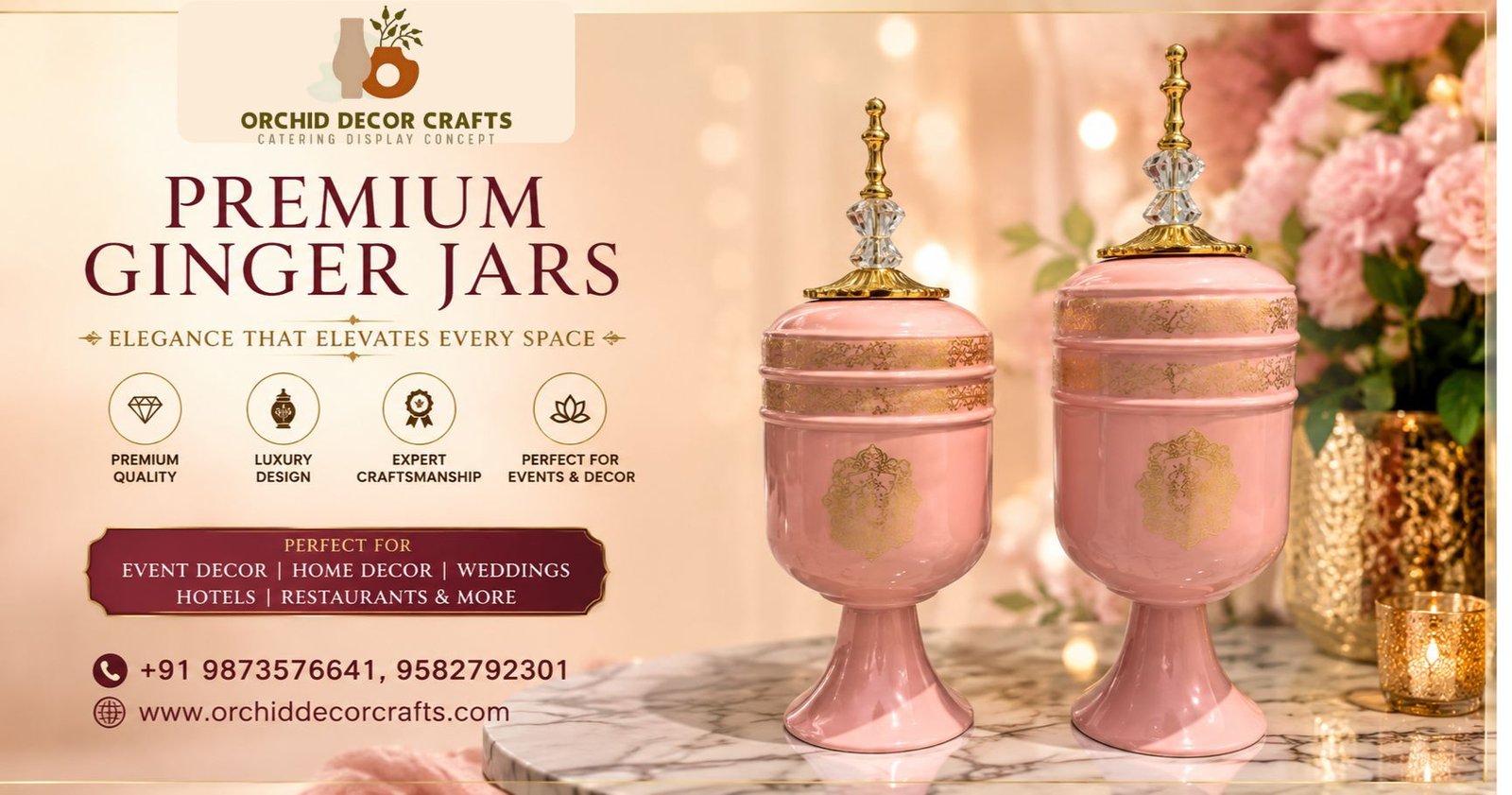 Premium Pink Decorative Ginger Jar Set for Ahmedabad Wholesale Market | Luxury Event Decor Items by Orchid Decor Crafts